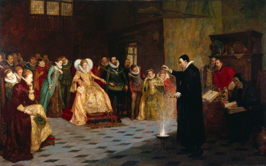 Glindoni, Henry Gillard, 1852-1913; John Dee Performing an Experiment before Elizabeth I. This painting was recently forensically examined, and it was determined that the artist originally included a ring of skulls around John Dee. 